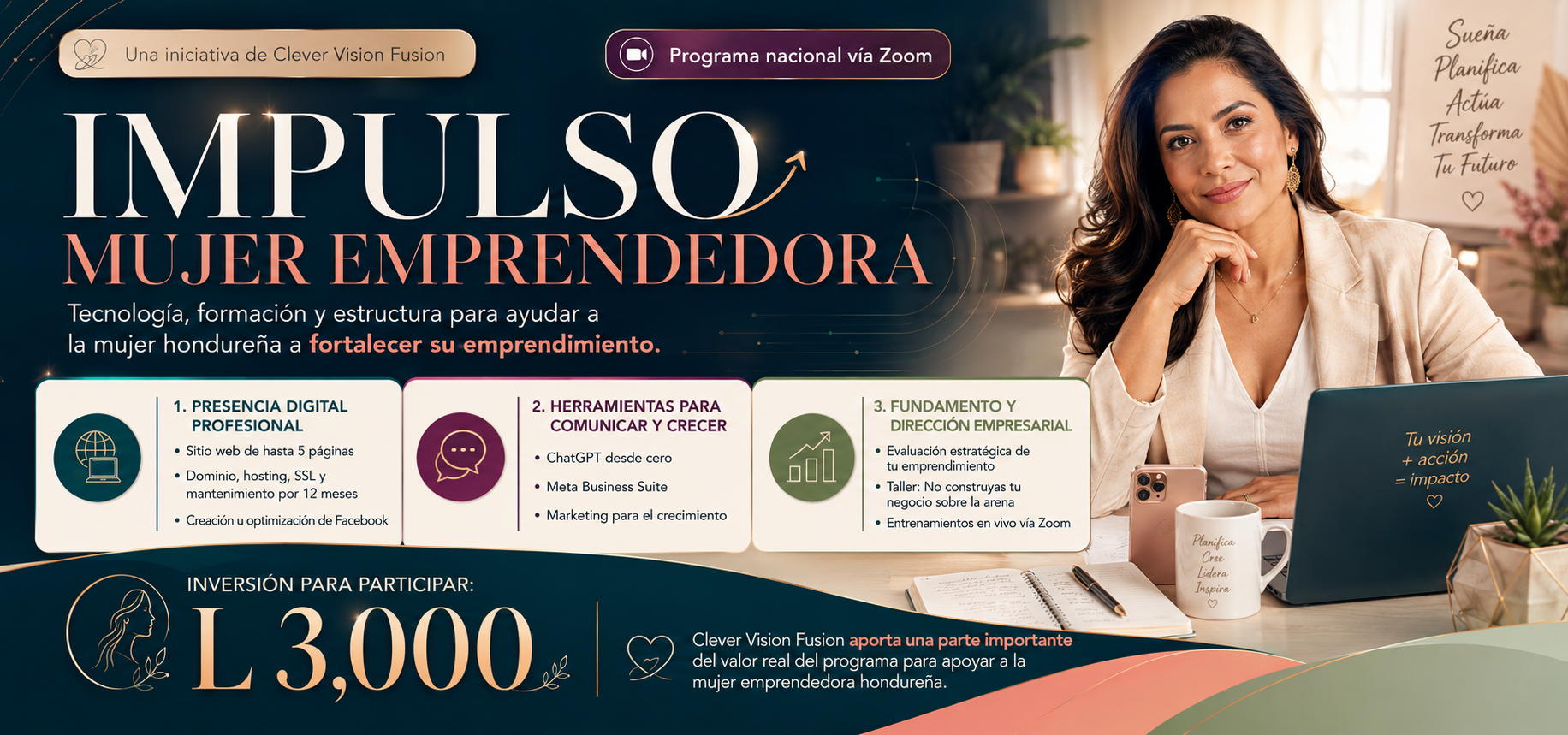 Impulso Mujer Emprendedora, iniciativa nacional de Clever Vision Fusion con presencia digital, formación y dirección empresarial para mujeres hondureñas.