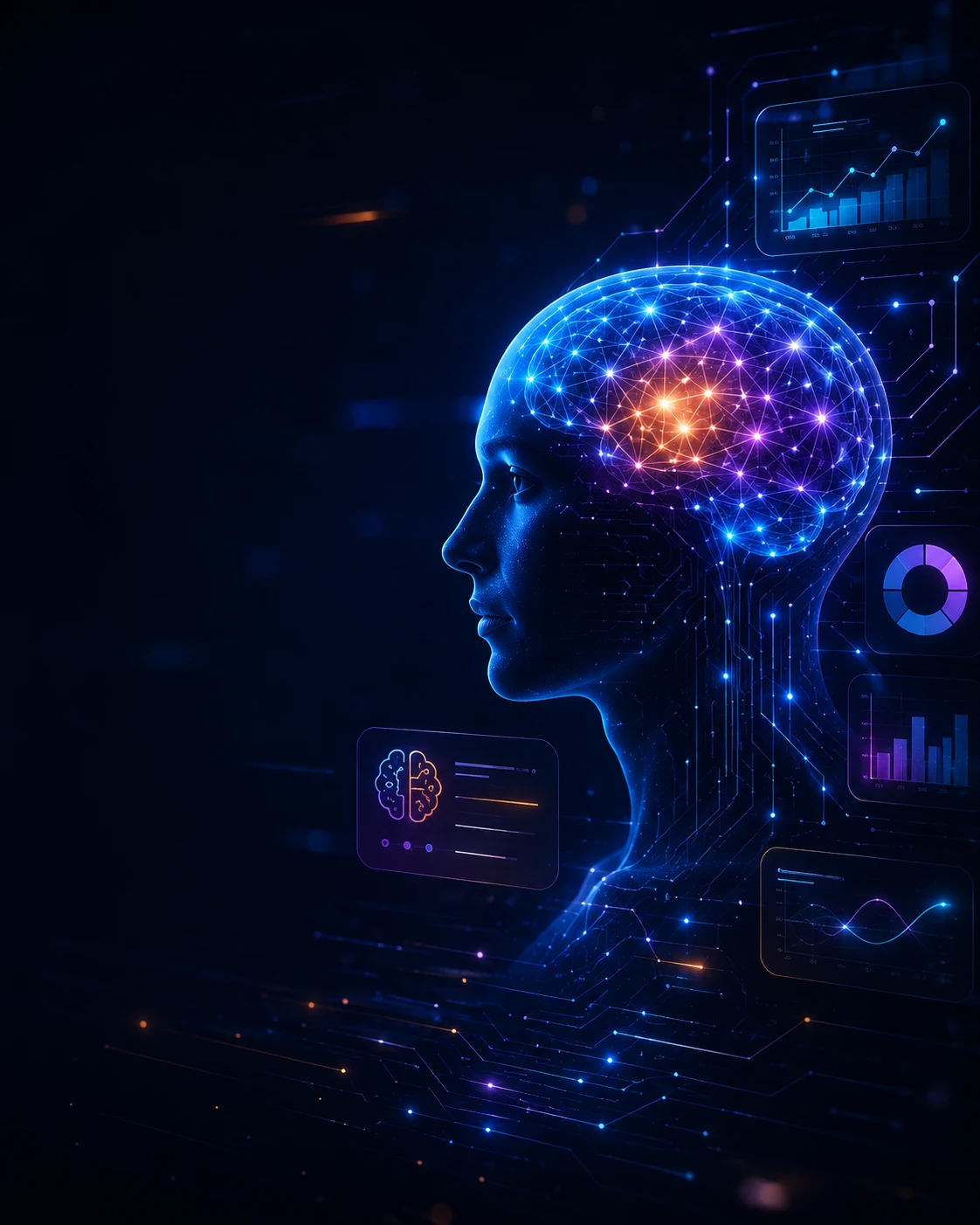Interfaz futurista de desarrollo web con inteligencia artificial y neuromarketing