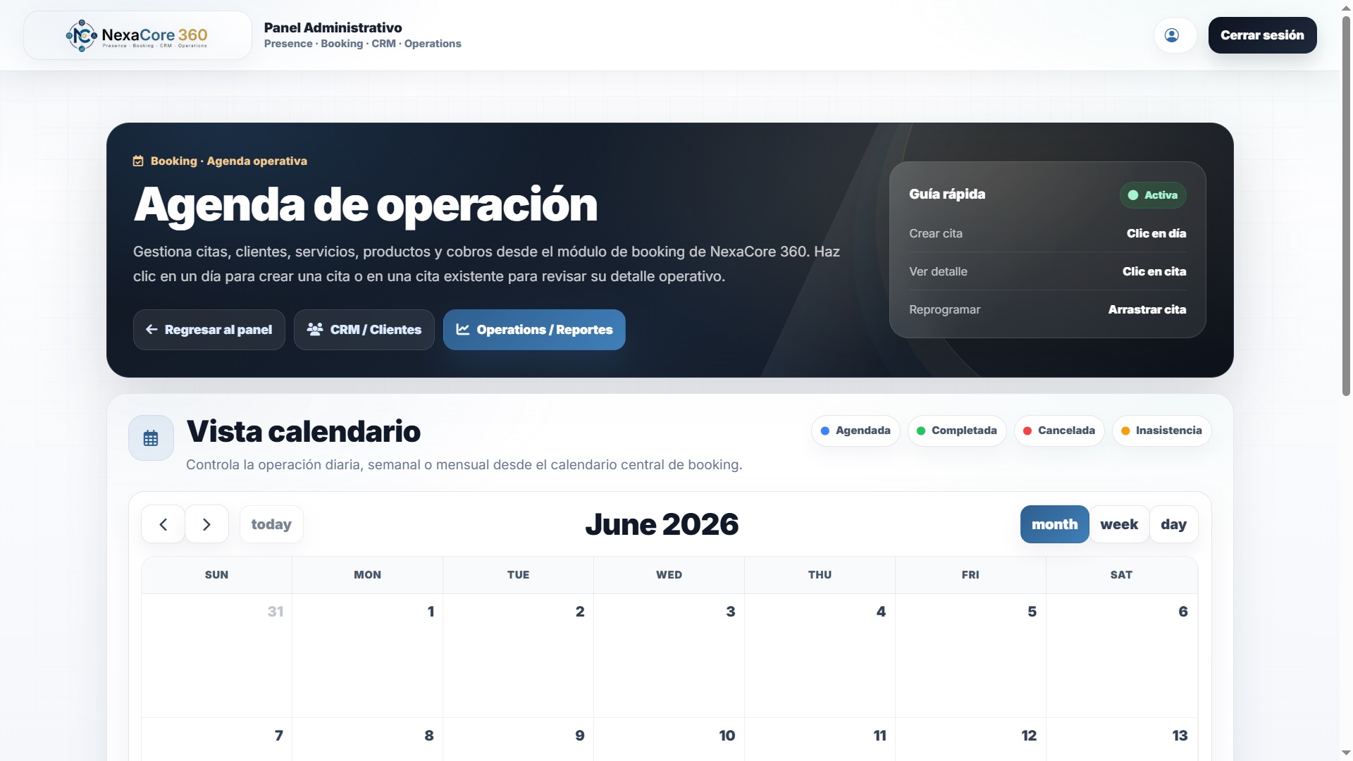 Agenda operativa de NexaCore 360 para gestionar citas por calendario