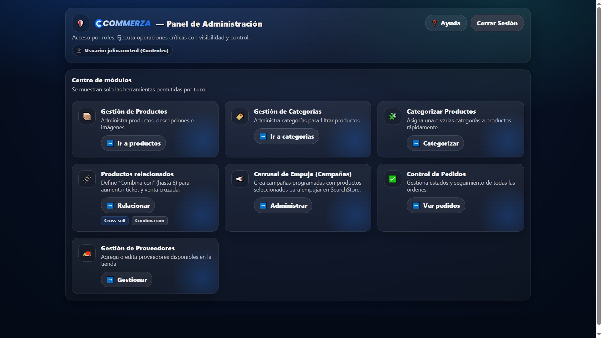 Dashboard de controles en Commerza