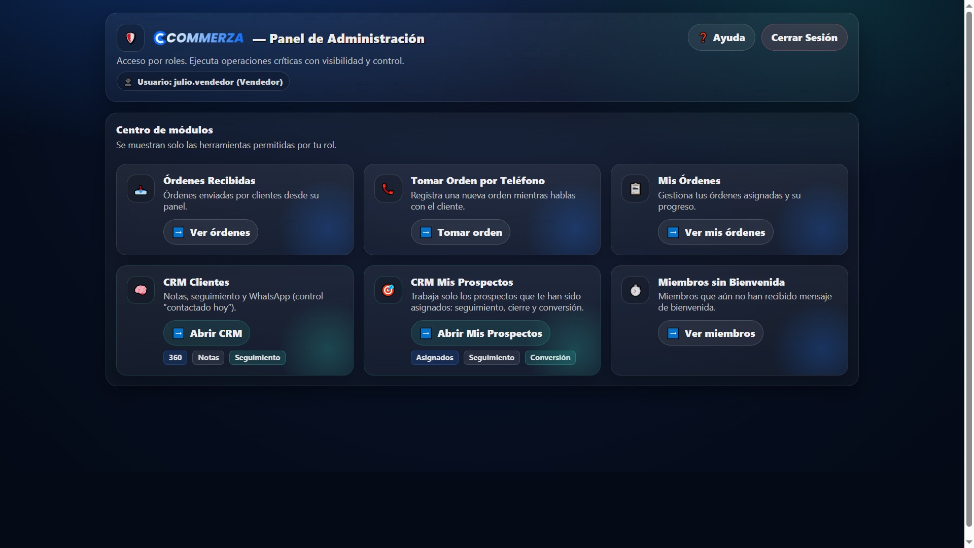 Dashboard de vendedor en Commerza