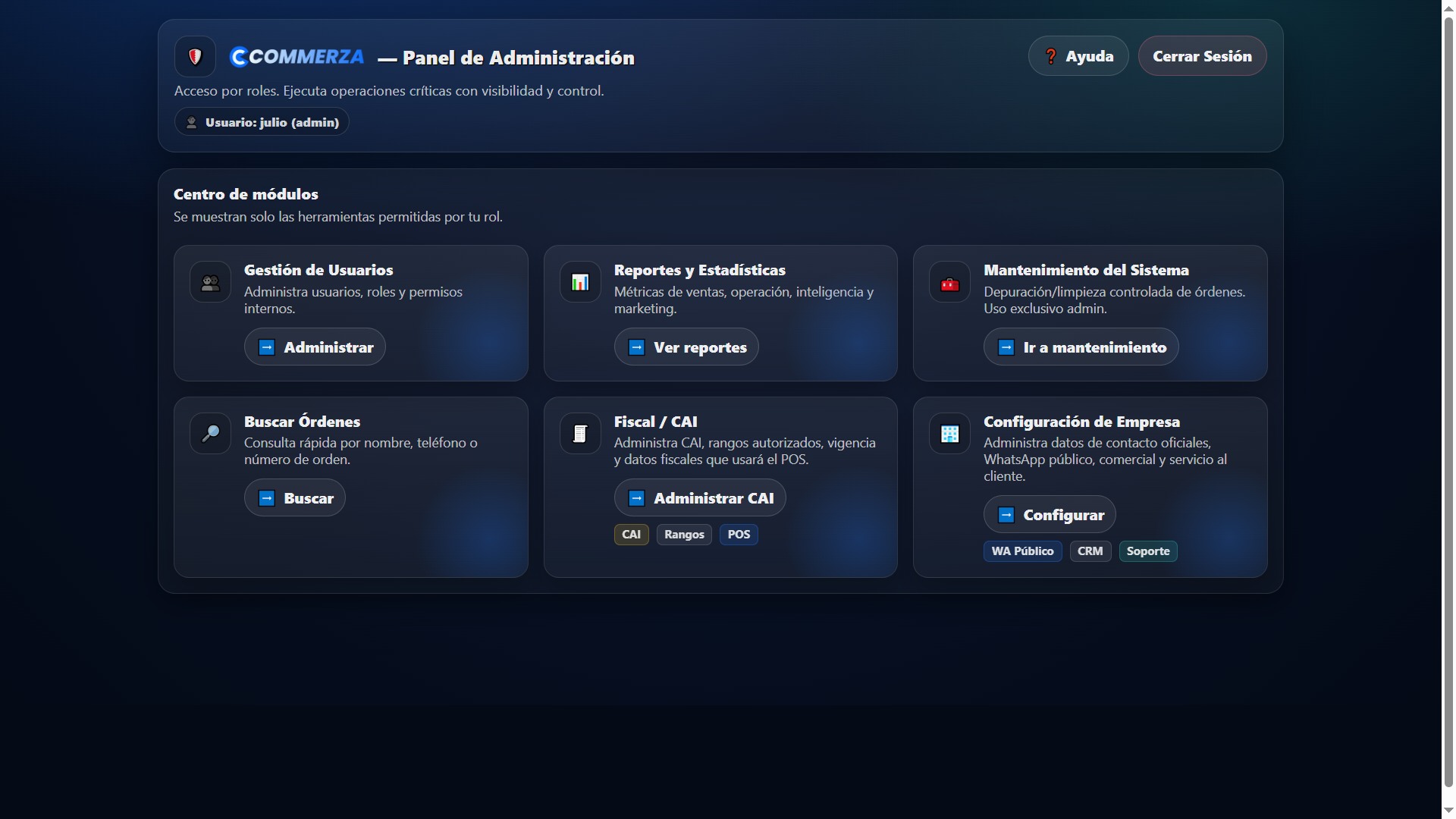 Dashboard admin de Commerza